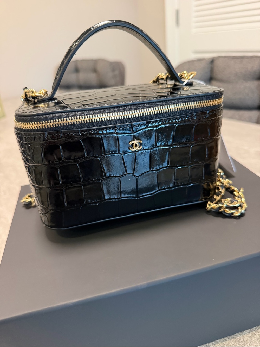 CHANEL Black Croc-Embossed Vanity Bag with Gold Hardware. NWT 2026